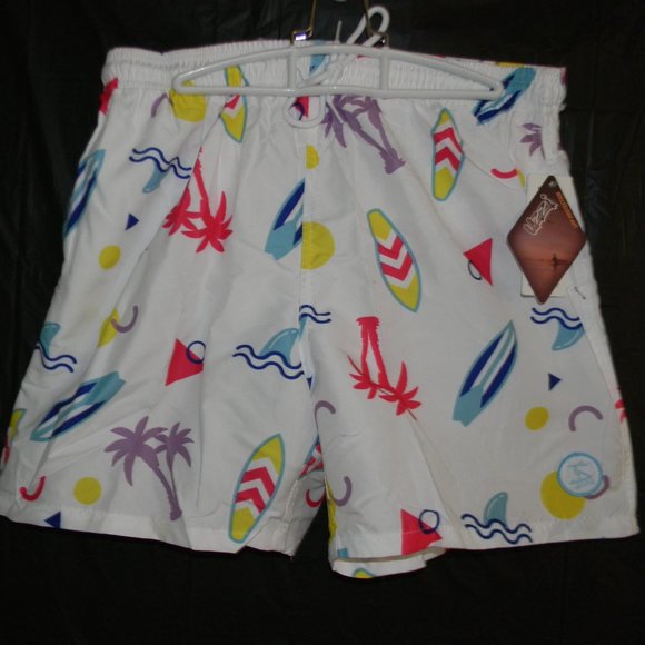 Uzzi Men's Swimsuit Swim Trunks White Blue Neon Pink Retro Pattern NWT - Picture 2 of 3